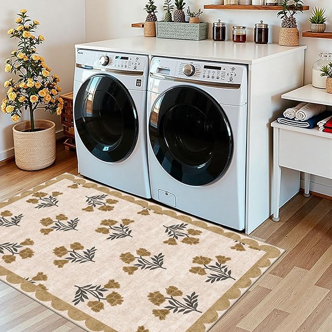 Outdoor Rug, 3x5 Beige Floral Entry Mat, Machine Washable