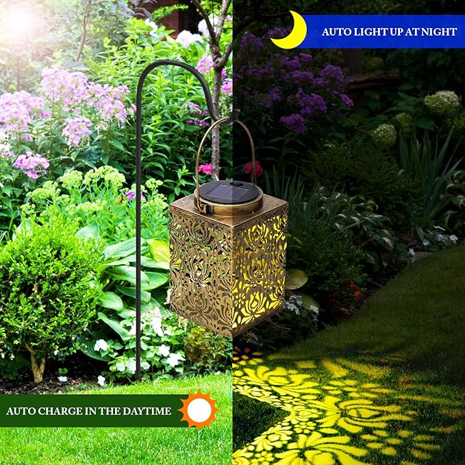 Solar Lanterns, 2 Pack Bronze Metal Waterproof Flower Pattern