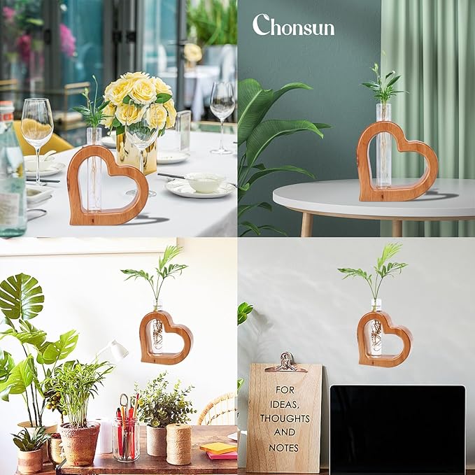 Terrarium Heart Shaped Glass Tube Plant Stand, Pine Wood, Brown