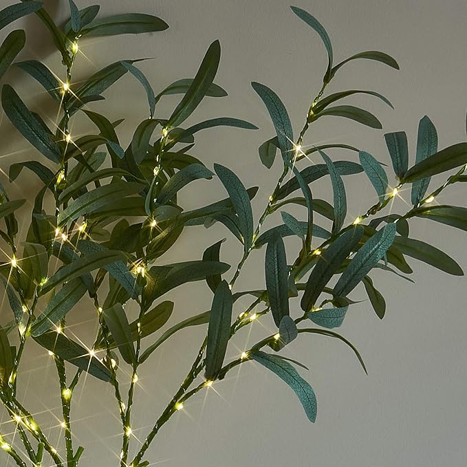 Artificial Olive Branch Greenery with 72 Warm White LED Fairy Lights, 24-Inch