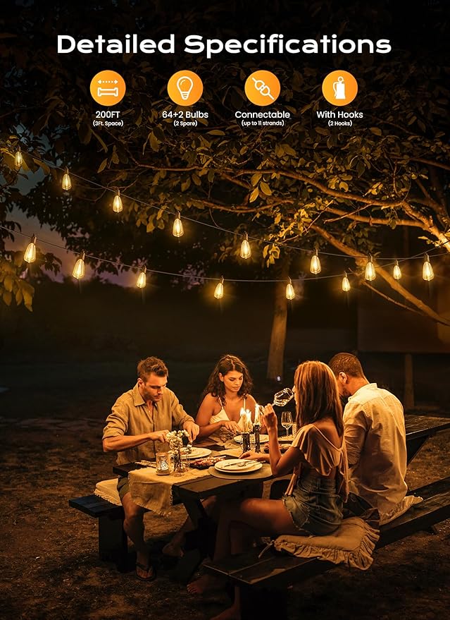 String Lights, 200FT Outdoor Patio Lights with 64 Shatterproof LED Bulbs