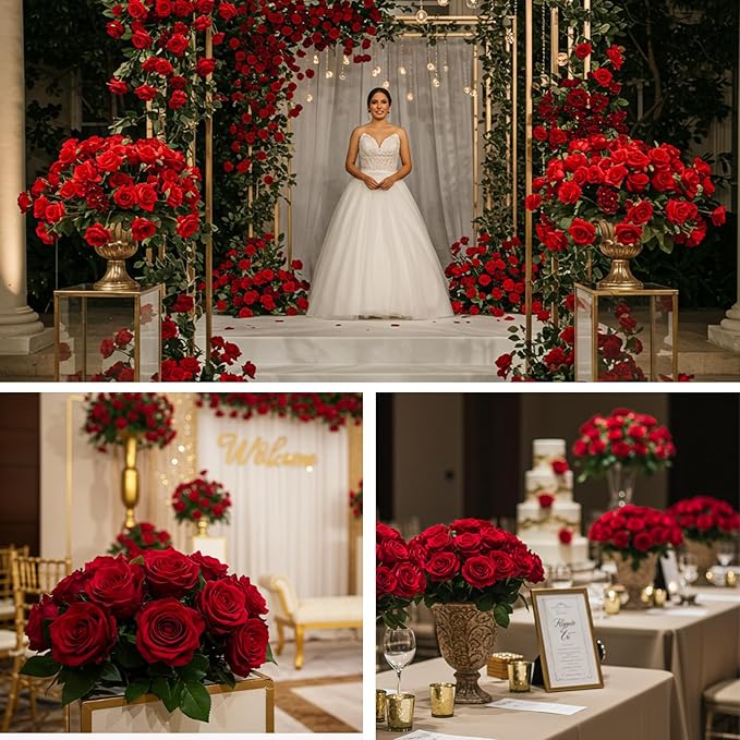 Artificial Flowers: 104 Pcs Red Faux Roses in Silk and Plastic