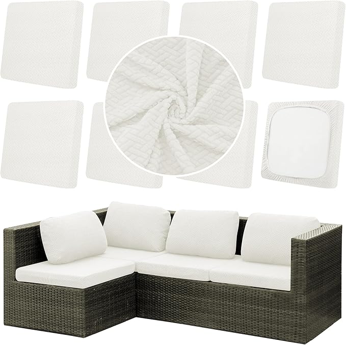 Cushion Covers for Patio Chairs, 8 Pack, White, Elastic Fit