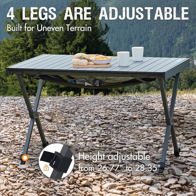 Folding Camping Table, Adjustable Height Aluminum Roll-Up Top, Dark Gray