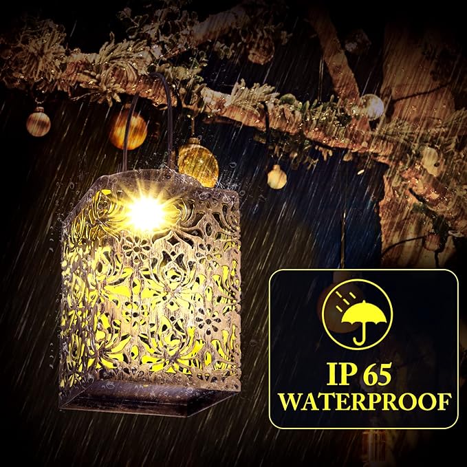 Solar Lanterns, 2 Pack Bronze Metal Waterproof Flower Pattern