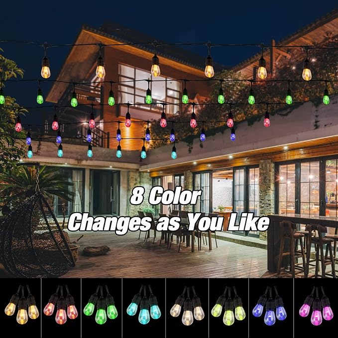 Outdoor LED String Lights 48 FT Multicolor with Remote, IP65 Waterproof