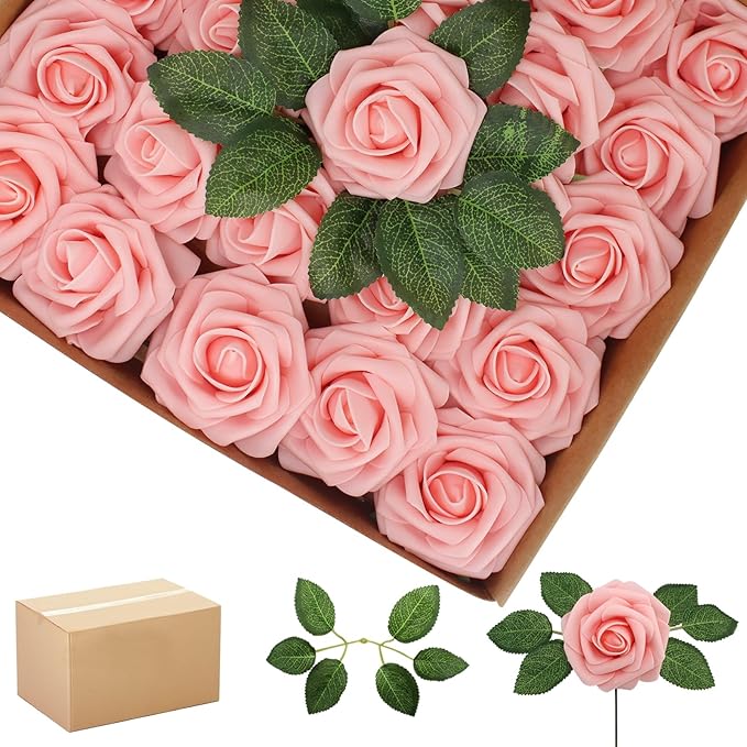 Artificial Flowers: 200 Pink Roses with 100 Leaves, Wired Stems
