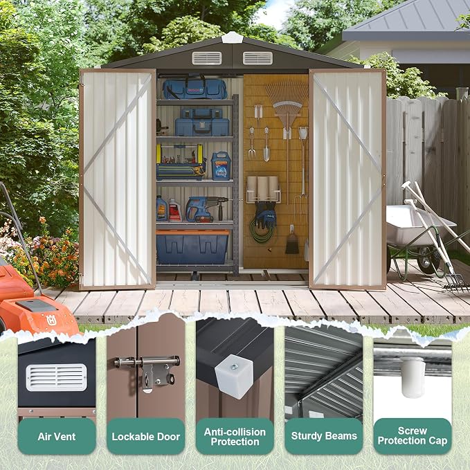 Storage Shed 6x4 ft Galvanized Steel with Lockable Double Doors