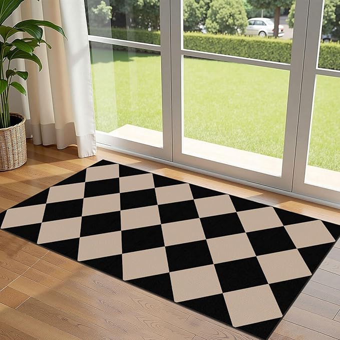 Outdoor Rug Door Mat, Black and Tan Checkered, 2 x 4.3 Ft