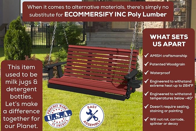 Poly Lumber Wood 4FT Porch Swing Amish Craftsmandship Made in USA HDPE - Image 3