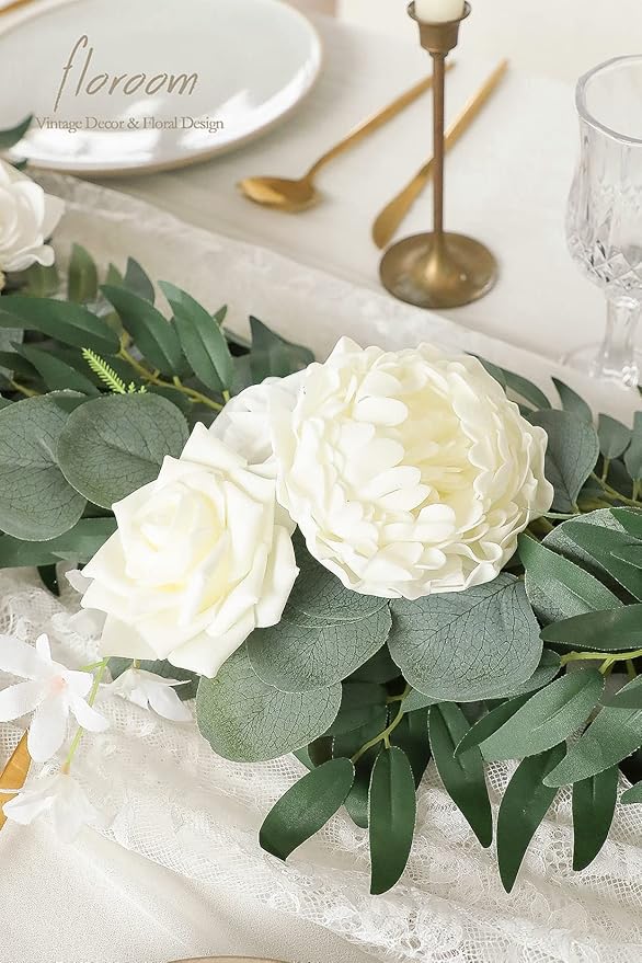 Artificial Flower Garland, 6 ft Ivory Eucalyptus Vine with Roses