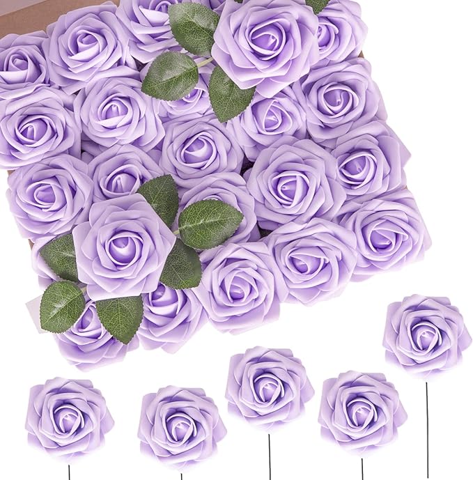 Artificial Flowers, 50 Count Lavender Latex Foam Roses with Wire Stems