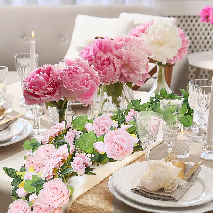 Artificial Plants Greenery Pink Silk Rose Vines, 6 Pack of 7.75 Ft Garlands