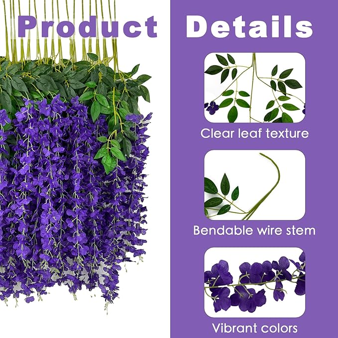 Artificial Wisteria Flower Vines, 48 Pack, Dark Purple