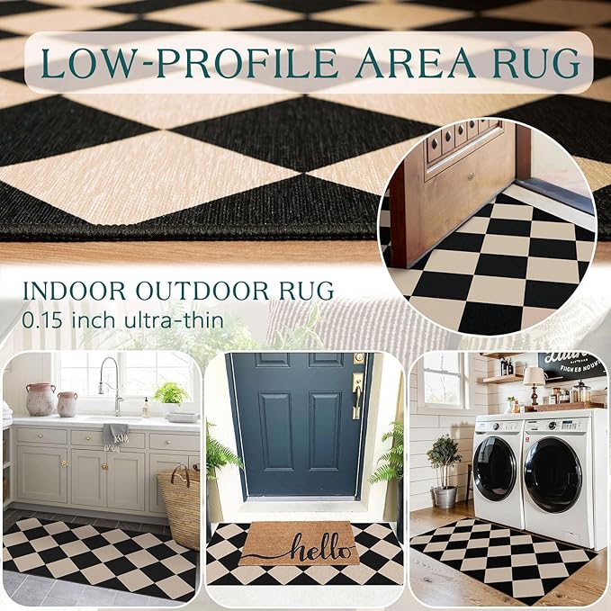 Outdoor Rug Door Mat, Black and Tan Checkered, 2 x 4.3 Ft