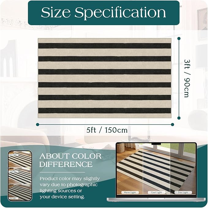 Outdoor Rugs, Black and White Striped Polyester Entry Mat, 3 x 5 ft