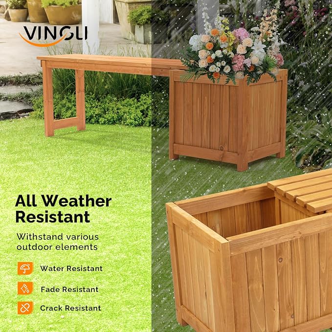 VINGLI Outdoor Wood Bench with Planter Boxes, 2-in-1 All-Weather Porch Bench - Image 5