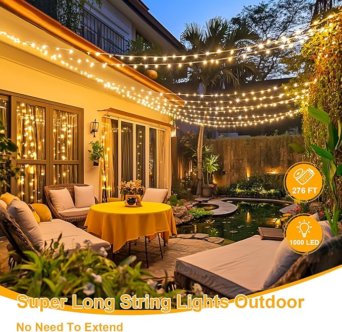 String Lights 1000 Warm White LED Outdoor Lights with Remote and Timer