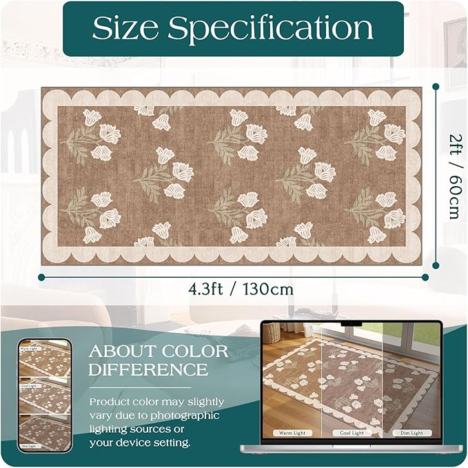 Outdoor Rug Floral Entryway Mat, Tan, 2 x 4.3 Ft, Non-Slip Backing