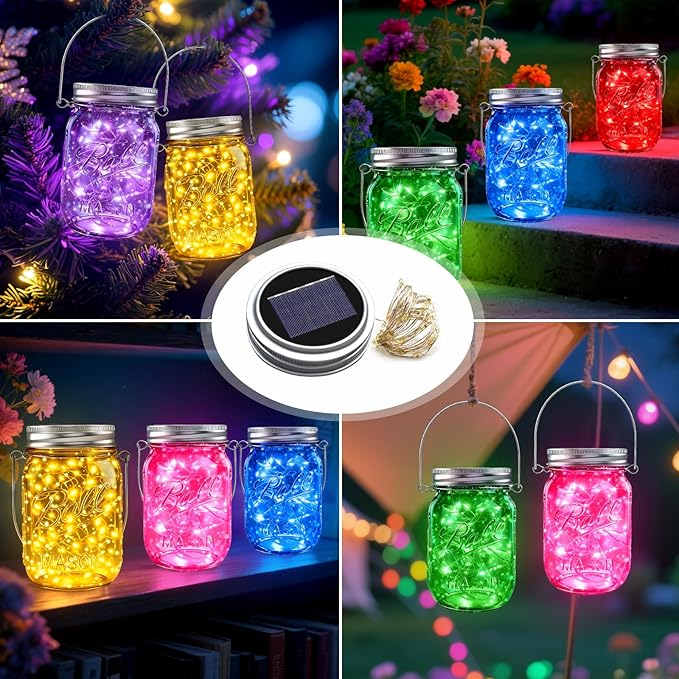 String Lights: 12 Pack Solar Mason Jar Lights in 6 Mixed Colors