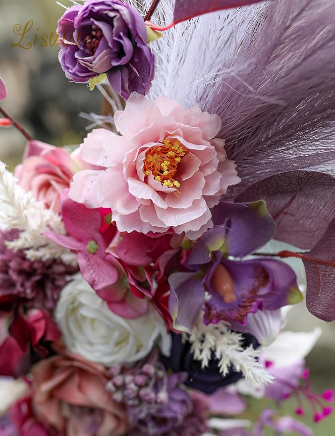 Artificial Wedding Flower Swag, Purple Peony and Pampas, 40 Inch