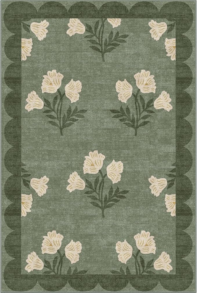 Outdoor Rug, Sage Green Floral Scalloped Edge, 2 x 3 ft