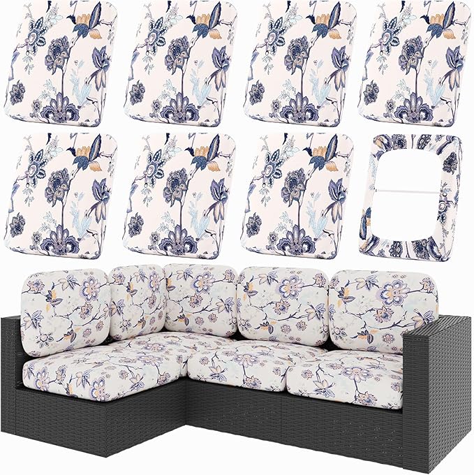Cushion Covers, 8-Piece Stretch Set in Vintage Flower, Non-Slip