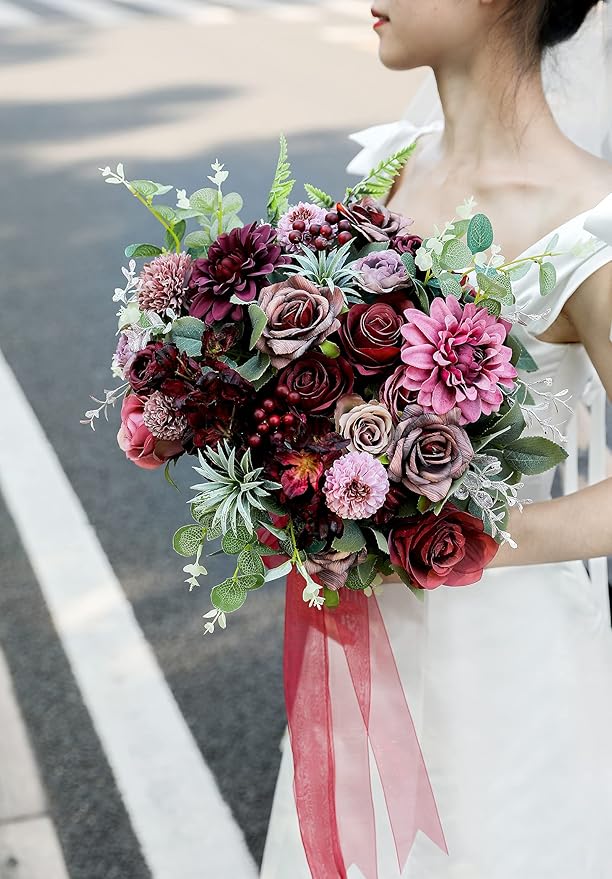 Artificial Flowers Burgundy Faux Silk Dahlia Set, 25 Pcs with Green Leaves