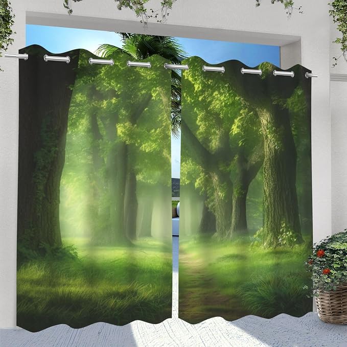 Forest Theme Waterproof Indoor/Outdoor Curtains, Dawn Trees Jungle Pattern - Image 2