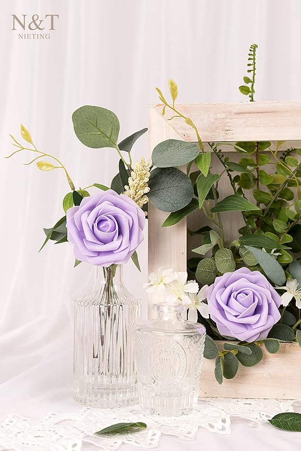 Artificial Flowers, 50 Purple Foam Roses with Stems and Leaves