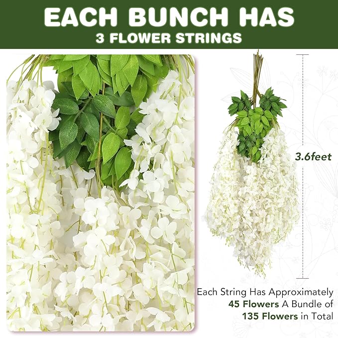 Artificial Flowers: 150 White Silk Wisteria Vines, 3.6 Ft Each