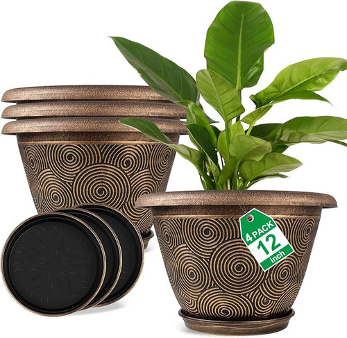 12 Inch Large Planter Pot for Plants Indoor Outdoor, 4 Pack Plastic Flower Pots by Fodetyff