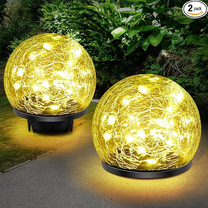 Solar Garden Lights, 2 Pack 80 LED Cracked Glass Solar Globe Lights Outdoor by Keevvon