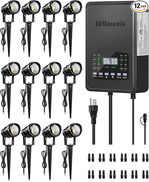 12 Pack Landscape Lights with 2 Zone 300W Low Voltage Transformer, 3000K 12V by Wilawels