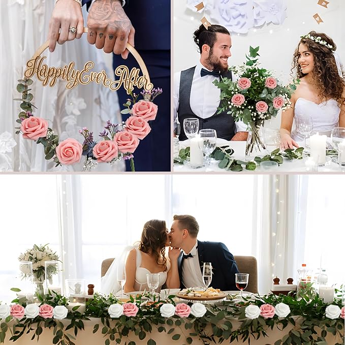 Artificial Flowers: 200 Pink Roses with 100 Leaves, Wired Stems