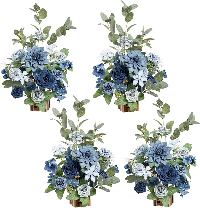 Artificial Flower Arrangements, 4 Pack, Dusty Blue and Navy Wedding Decor