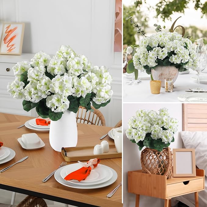 Artificial Geranium Flowers, White Silk, UV Resistant, 6 Bundles