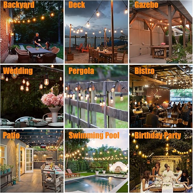 String Lights, 48 Ft Waterproof Outdoor Edison Bulbs, Warm 2200K