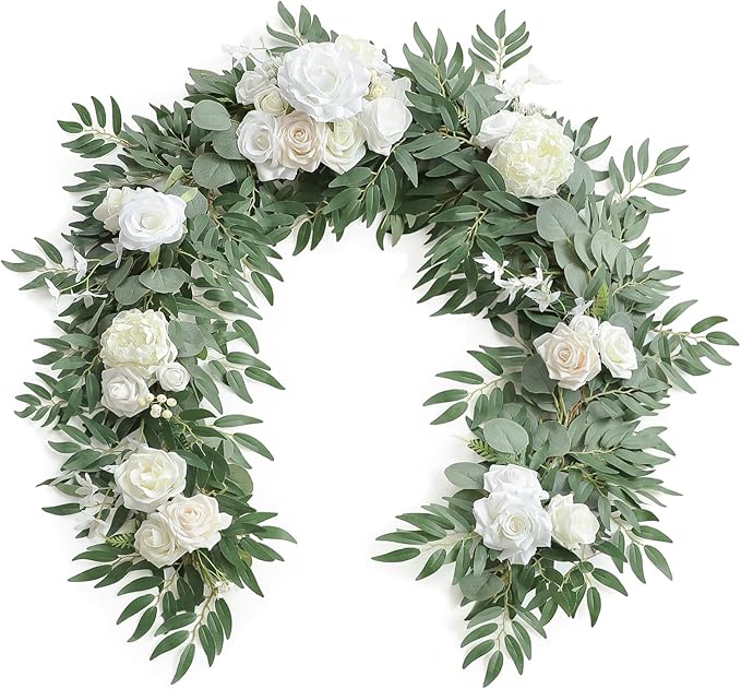 Artificial Flower Garland, 6 ft Ivory Eucalyptus Vine with Roses
