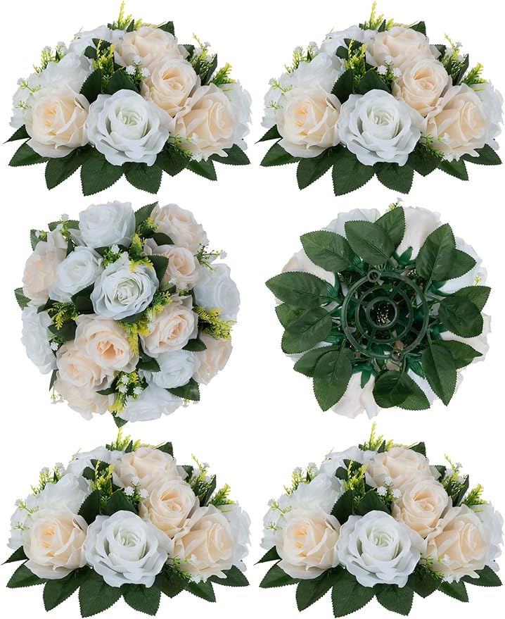 Artificial Flower Balls, Peach Champagne & White Faux Silk Rose Centerpiece