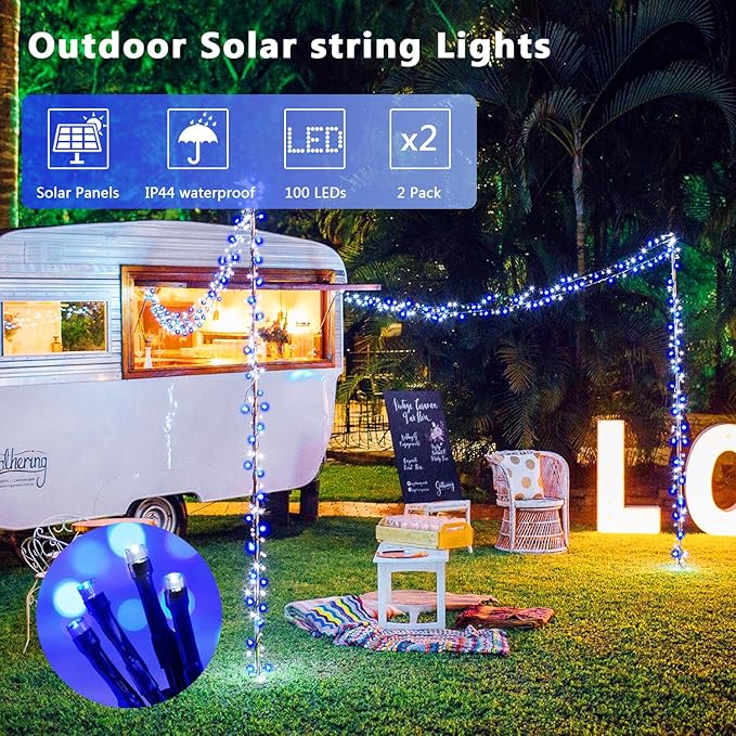 Solar String Lights, Blue & White LED Outdoor Decor, 2 Pack
