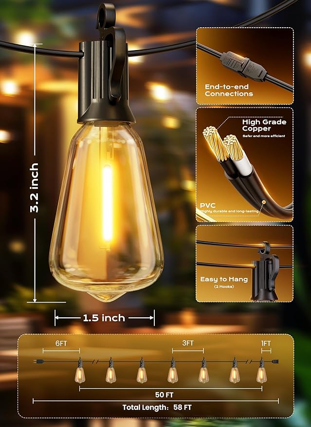 String Lights, 50 FT Warm White Outdoor with 18+1 Shatterproof LED Bulbs