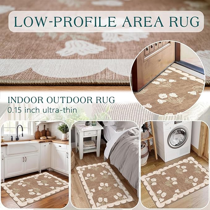 Outdoor Rugs Tan Floral Door Mat, Non-Slip 2 x 3 ft Polyester