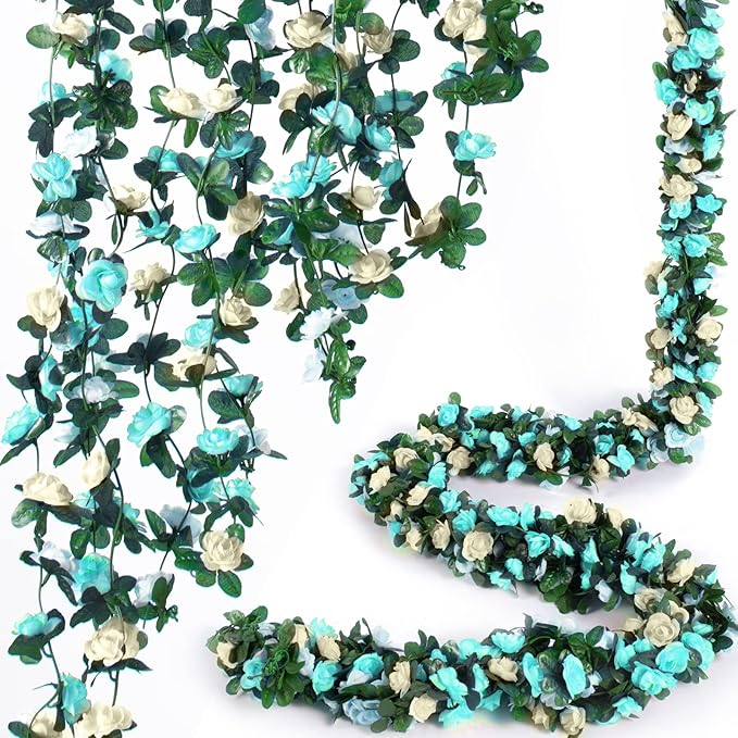 Artificial Flowers Rose Vine Garland, 8 Pack, 8.2 Ft Each, Blue and White