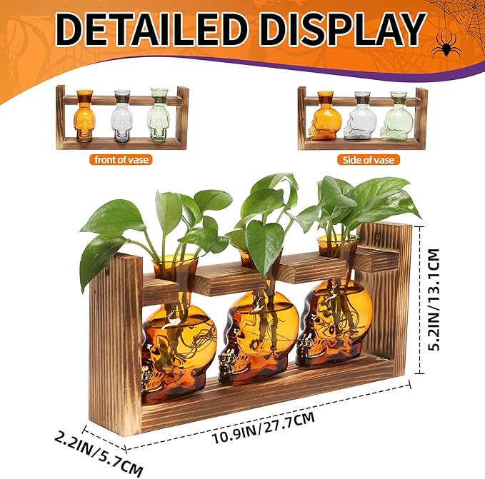 Terrarium Propagation Station, 3-Piece Amber Skull Glass Set with Wood Stand