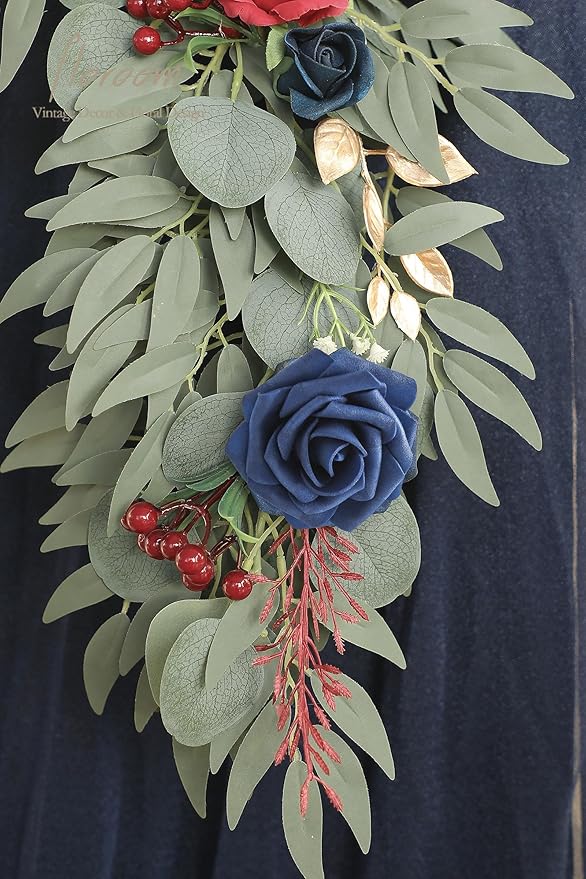 Artificial Flower Garland, 6 Ft Faux Silk Vine in Navy and Burgundy