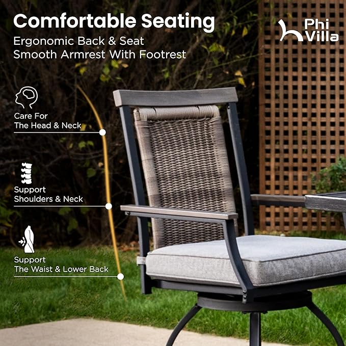 PHI VILLA Outdoor Swivel Bar Stools Set of 6, Rattan Backrest and Wood-Like - Image 3