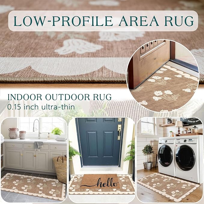 Outdoor Rug Floral Entryway Mat, Tan, 2 x 4.3 Ft, Non-Slip Backing