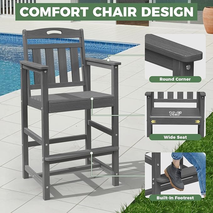 Outdoor Patio Bar Height Table and Tall Adirondack Chairs Set of 2, All-Weather - Image 4