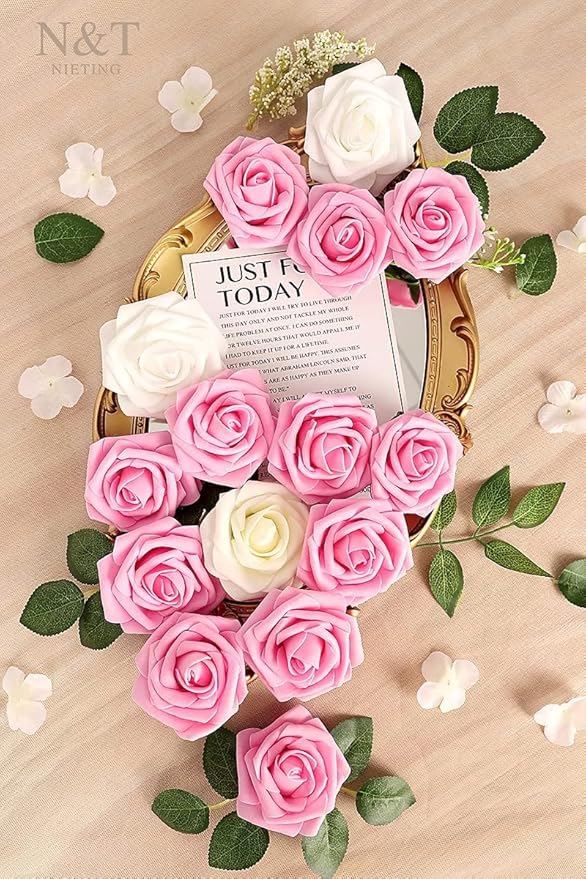 Artificial Flowers, 50 Light Pink Foam Roses with Bendable Stems